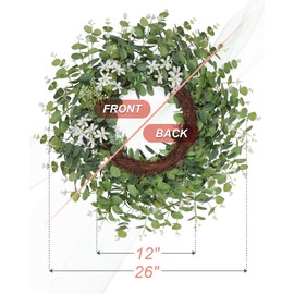 26'' Large Eucalyptus Wreaths for Front Door for All Seasons-Spring Summer Fall Autumn Winter Christmas Wreath,Neutral Everyday Greenery Wreath with Boxwood Leaves White Chrysanthemums for Decor