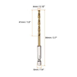sourcing map 4pcs 1/4" Hex Shank Drill Bits 4mm Titanium Drill Bits Set M35 High Speed Steel Twist Drill Bit 94mm Long Fully Ground for Wood, Stainless Steel, Metal, Plastic Plastic