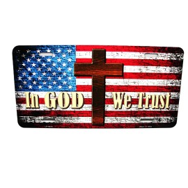 DIGIART INTERNATINAL IN GOD WE TRUST AMERICAN FLAG CROSS RELIGIOUS METAL NOVELTY CAR LICENSE PLATE