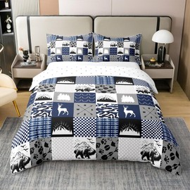 Rustic Farmhouse 100% Cotton Duvet Cover Twin, Retro Woodland Moose Comforter Cover, Country Bear Deer Patchwork Bedding Set, Hunting Wild Animal Plaid Adventure Quilt Cover for Bedroom, Blue Grey