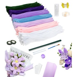 Nearockle 400 Stück Pfeifenreiniger zum Basteln，Pfeifenreiniger Blumen in 7 Farben，Pfeifenputzer Blumen Set mit Grünem Bastelfaden Klebeband Staubblätter Weiteres Zubehör (Lila + Blau + Rosa Serie)