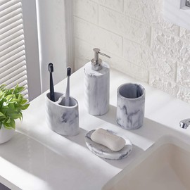 zccz Bathroom Accessories Set Complete, 4 Piece Marble Pattern Bathroom Sets Accessories Toothbrush Holder Set Bath Accessories Set with Soap Dispenser, Toothbrush Holder, Tumbler, Soap Dish