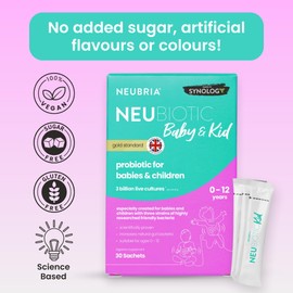 NEUBRIA NEUBIOTIC Baby & Kid - Children Probiotic & Prebiotic Supplement for Gut Health & Digestion – 3 Billion CFU Lactobacillus, Bifidobacterium & Fibres for Babies & Kids – UK Made - 30 Sachets