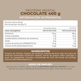PRONAT Proteína Vegetal en Polvo con Prebióticos Sabor Chocolate 400 g 20 g de Proteína por Porción Sin Azúcar Sin Gluten Apta para Vegetarianos 13 Porciones Textura suave y fácil de mezclar