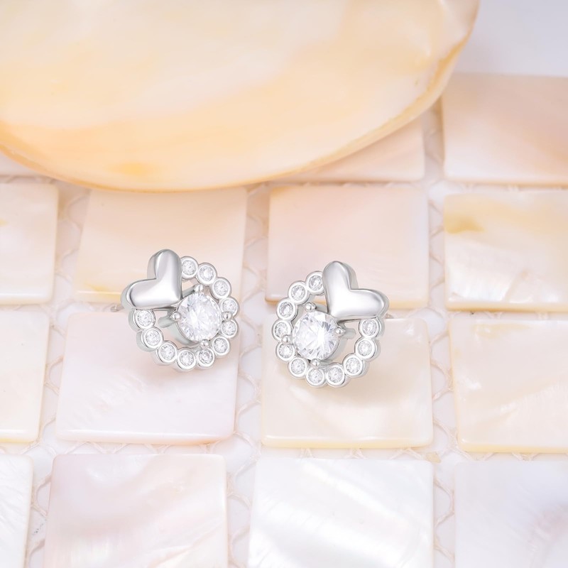 Sterling Sliver Love Heart Stud Earrings for Women Shiny Cubic