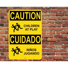 Handmade Caution Children At Play Ninos Jugando English Spanish Sign Metal Aluminum 8"x12