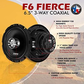 TORO TECH – F6, 6.5 Inch 3-Way Coaxial Car Speaker Set - 120 Watt MAX / 60 Watts RMS, Ferro Fluid Tweeters, 4 Ohm, 1” KSV Voice Coils. Two Speaker Set (Sold As Pair)