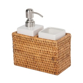 KOUBOO - La Jolla Rattan Soap Dispenser and Tumbler/Tootbrush Holder Set, Bathroom Accessories, Honey-Brown