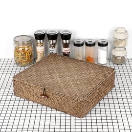 Hipiwe Flat Seagrass Storage Basket Bin with Lid Woven Wicker Basket Box Multipurpose Home Organizer Bin Baskets for Shelf Bathroom Home Decor, Coffee X-Large