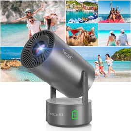 Tecaki Outdoor Projector with Built-in Battery, Mini Projector with Wifi and Bluetooth, 180° Rotatable Stand, Auto Keystone, Electric Focus, Portable Movie Projector for Camping, Backyard, Bedroom