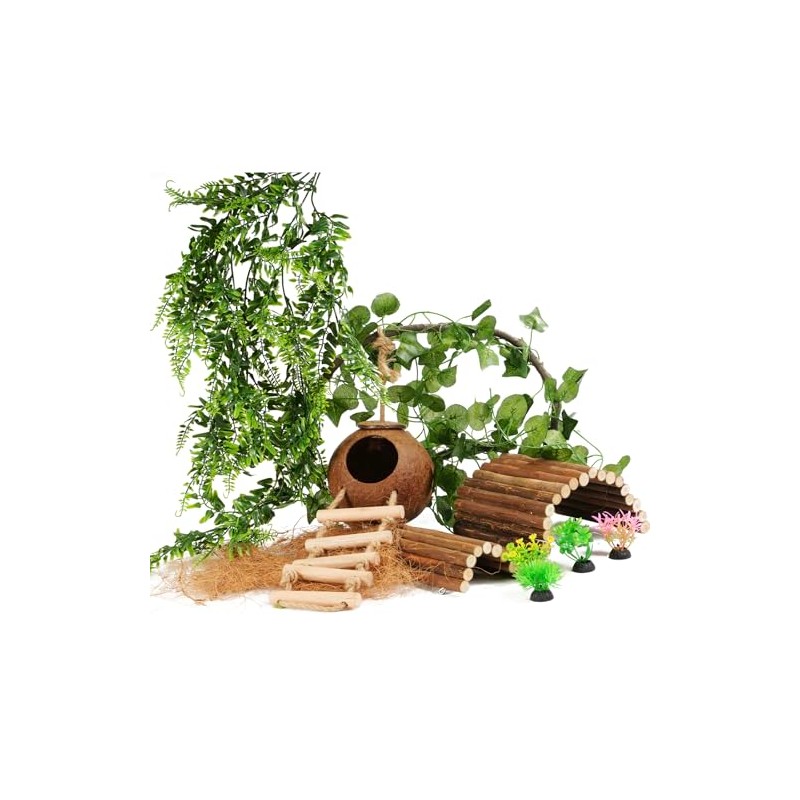 10PCS Crested Gecko Tank Accessories, Reptile Plants Bridge Vines, Coconut