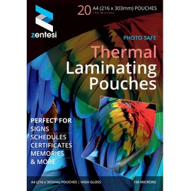 Zentesi A4 Laminating Pouches High Gloss Laminator Sleeves 150 Micron (75 + 75 Microns) Glossy Laminate Pouch Sheets - Pack of 20