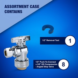New Age America® 9pcs Angle Stop Valve AquaFlow 360™ | 8pc 1/2" Push-Fit x 3/8" Compression & 1 Tool | Angle Stop Valve | 1/4" Turn | Angled Faucet Water Shut Off | Lead-Free | Chrome Plated Brass