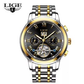LIGE Men's Watch Automatic Mechanical Date Week Luminous Waterproof Wristwatches