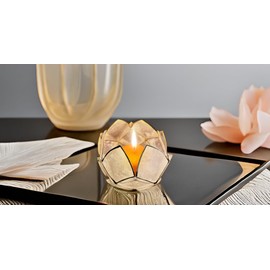 Blooming Lotus Capiz Shell Tealight Candle Holder, Handcrafted Decorative Tea Light Candleholder with Translucent Flower Petals for Ambient Illumination and Natural Elegance, Natural