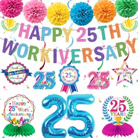 Happy Work Anniversary Decorations: Colorful 25th Work Anniversary Decorations with Glitter Happy 25th Workiversary Banner Hanging Swirls Honeycomb Centerpieces Foil Balloons for Party Decor