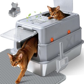 Stainless Steel Litter Box with Lid, High Sided Enclosed Metal Litter Box for Big Cats, Easy Cleaning Anti-Urine Leakage, Non-Sticky Cat Box, Front Entry Top Exit KittyBox, Includes Mat & Scoop