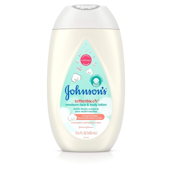 Johnson's CottonTouch Newborn Baby Face and Body Lotion, Hypoallergenic Moisturization for Baby's Skin, Made with Real Cotton, Paraben-Free, Dye-Free, 13.6 fl. oz