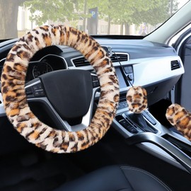 Accmor Fluffy Car Steering Wheel Cover, Universal Fuzzy Wheel Cover 14 1/2-15 & Handbrake Cover & Gear Shift Cover Set, Anti-Slip Leopard Warm Fur Vehicle Wheel Protector Car Accessories for Men Women