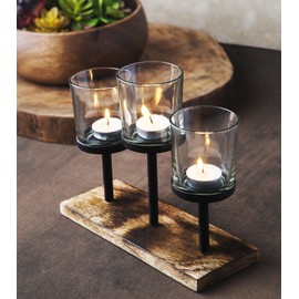 Elegant, Decorative Votive Candle Holder Centerpiece, 3 Glass Votive Cups On Wood Base/ Tray for Wedding Decoration Dining Table