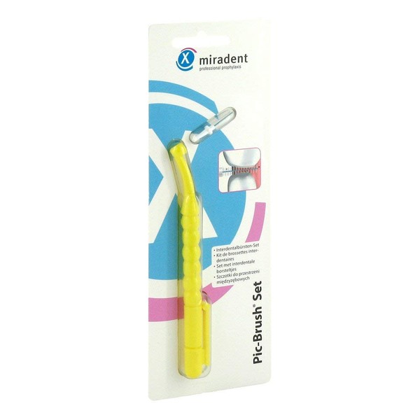 miradent Pic-Brush® Set Interdental Brush Holder Yellow with 1 Brush | Conical Insertion Connector for Secure Hold | Ergonomic Handle | Ultra Fine Bristles | Also for Cleaning Brackets & Bridges