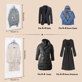 Hanging Vacuum Storage Bags, ZWMYF 4 PCS Space-saving Vacuum Bag for Clothes, Suits, Dresses, Coats or Jackets, Clear & Reusable Closet Organizer(1 Long 145x70cm & 3 Short 105x70cm)