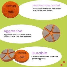 Hybrid Ceramic Transitional Diamond Polishing Pucks for Concrete Terrazzo Floor, 3 Inch Hook and Loop Aggressive Floor Grinding Discs, 200# 3PCS