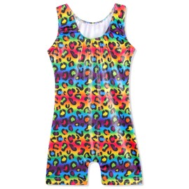 DAXIANG Leotards for Girls Gymnastics with Shorts Colorful Printed Unitard with Shorts for Kids Rainbow Leopard 6-7 Years