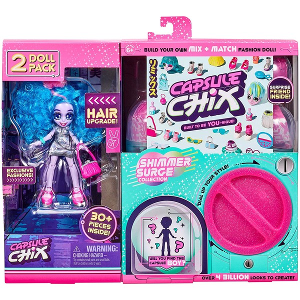 Capsule Chix Shimmer Surge 2 Pack, 4.5 inch Small Doll with Capsule Machine Unboxing and Mix and Match Fashions and Accessories, 59228