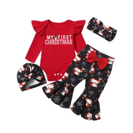 CRISONE Baby Girl Christmas Outfit 6-9 Months My 1st Christmas Outfit Long Sleeve Ruffle Romper + Xmas Pattern Flared Pants Baby Christmas Outfit Set