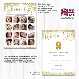 Olivia Samuel Labour or Lust Baby Shower Game for up to 30 Players – Gold Sparkle Design with Winner Certificate – Unisex – Made in the UK