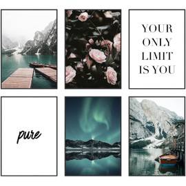Hambient Poster Set, Living Room Decoration, Bedroom, Room - Wall Decoration, Wall Pictures - 6 Aesthetic Pictures 21 x 30 cm without Picture Frame (Mountains Flowers Phrases)