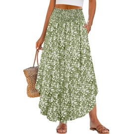 ANRABESS Women's Summer Boho Floral Maxi Skirts High Waisted Flowy Swing Pleated Beach Long Skirt with Pockets Floral Green Medium