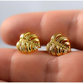Mini Stud Earrings Leaf Monstera – Gold-Plated Silver 925 Sterling – Leaf Earrings Stud