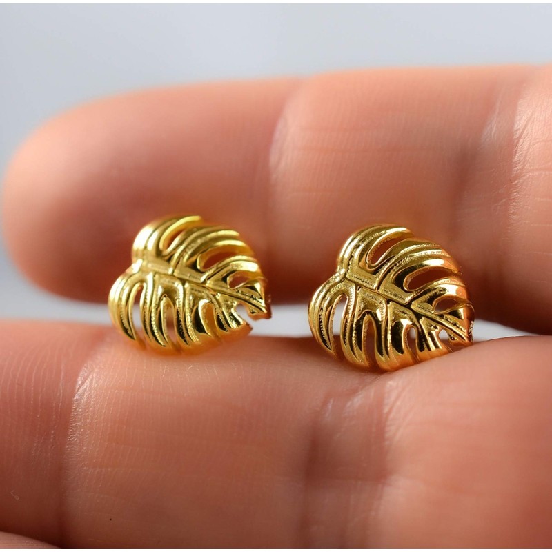 Mini Stud Earrings Leaf Monstera – Gold-Plated Silver 925 Sterling