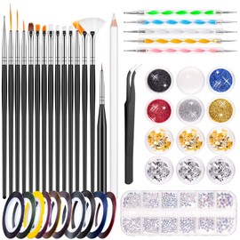 MELLIEX 45pcs Nail Art Kit, Nail Art Tools with Nail Painting Brushes, Nail Dotting pen, Nail Art Glitter, Nail Foil, Striping Tapes, Rhinestones, Gem Picking Pen, Tweezers for Nail Design