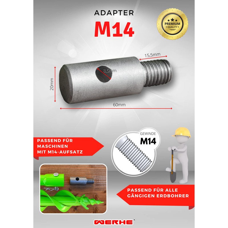 WERHE® Adapter M14 for Earth Auger with Quick Wing Bolts,
