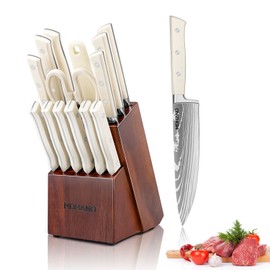 MDHAND 15 Pcs Professional Kitchen Knife Set with Block Wooden German Stainless Steel