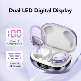 Bluetooth Sports Headphones, Wireless Bluetooth 5.3, 60 Hours Wireless Headphones with Deep Bass, In-Ear Headphones with 4 ENC Clear Mic, IPX7 Waterproof Earphones with Ear Hooks, White Purple