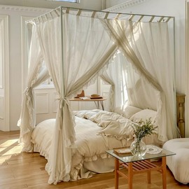Mengersi Linen Canopy Bed Curtains,Bed Canopy Curtains 4 Corner Bed Drapes Sheer Curtains for Bedroom Decor (Ivory, Queen)