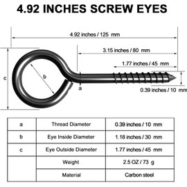 FFWHKON 4Pcs Black Stainless Steel Screw Eyes, 5 Inch Eye Bolt Lag Screw, Self Tapping Eyelet Screws for Securing Cables, Wires, Sturdy Hooks for Indoor & Outdoor Use