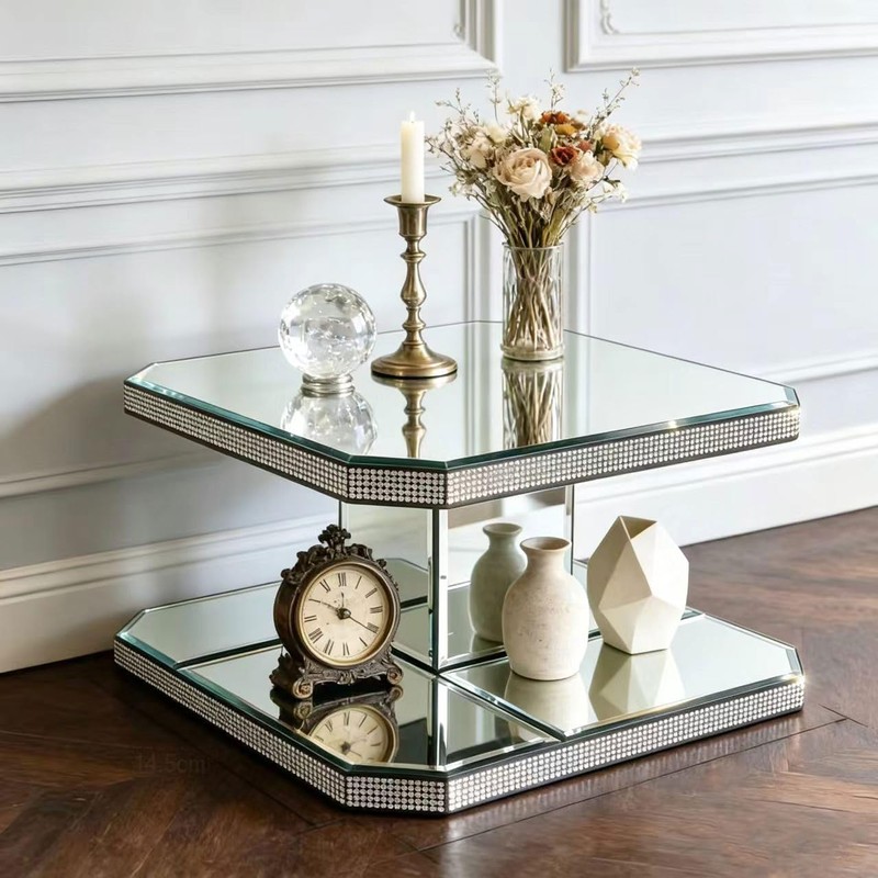 GIMORRTO Mirrored Display Riser with Rhinestone Trim, Two-Tier Square Stand,