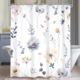 Omifly Watercolor Flower Shower Curtain Sets 54Wx78H Inch Spring Blue Beige Floral Plant Boho Shower Curtains for Bathroom Washable Fabric Modern Polyester with 12 Plastic Hooks
