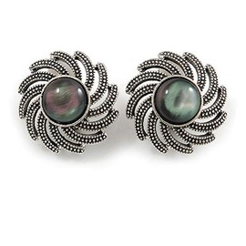 Vintage Inspired Cat Eye Stone Flower Clip On Earrings In Antique Silver Tone - 23mm D D