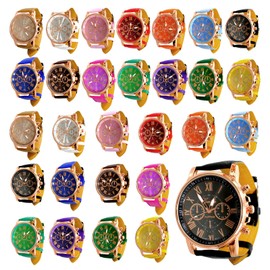 TANEMUDO 28 Pcs Assorted Platinum Watch Sets for Men and Women with Roman Numerals PU Leather Bands, Unisex Quartz Watches,Women's Wrist Watches