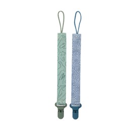 Nuby Pacifinder - Clip para chupete de bebé (2 unidades) - Clip para chupete con práctico gancho - Puntos azules y Dino verde