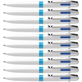 Schneider Take 4 Ballpoint Pen M (Medium), Refillable + Retractable, White Barrel, 4-In-1 Multicolor Inks: Black, Red, Blue, Green, Box of 10 Pens (138049)