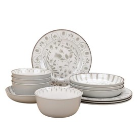 12-Piece Melamine Dinnerware Set for 4, Durable, Break-Resistant, Dishwasher Safe (Gray)