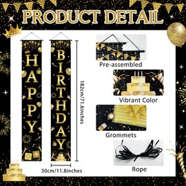 Happy Birthday Banner, Black and Gold Birthday Decorations Door Banner Happy Birthday Porch Sign for Men Women Boys Girls Birthday Party Favor Door Decorations 70.9x11.8 Inch