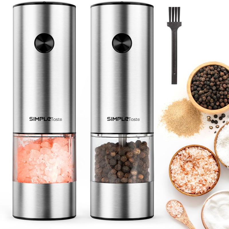 SIMPLETASTE Electric Salt and Pepper Grinder Set Automatic One Handed,